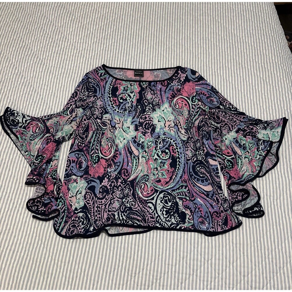 Coco Bianco Bell Sleeve Boho Paisley Blouse Top Women’s 2XL Purple Officewear